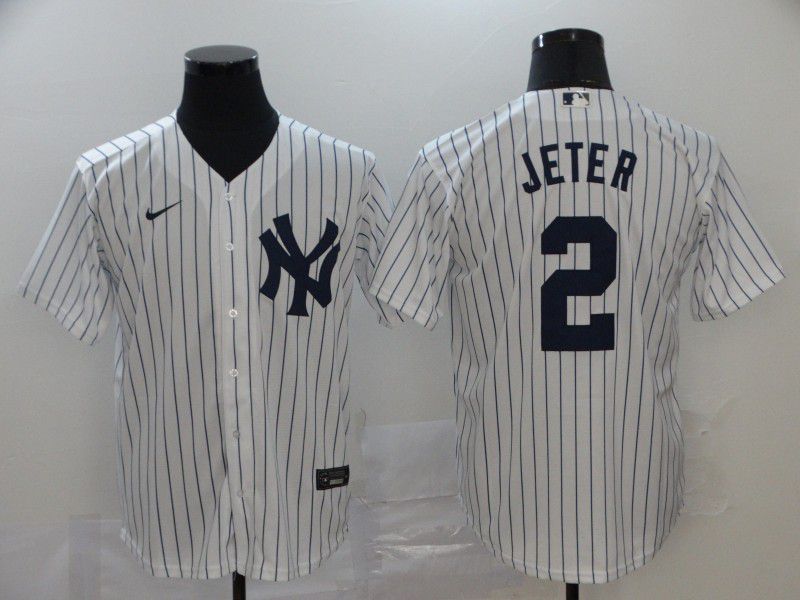 Men New York Yankees #2 Jeter White stripes Nike Game MLB Jerseys